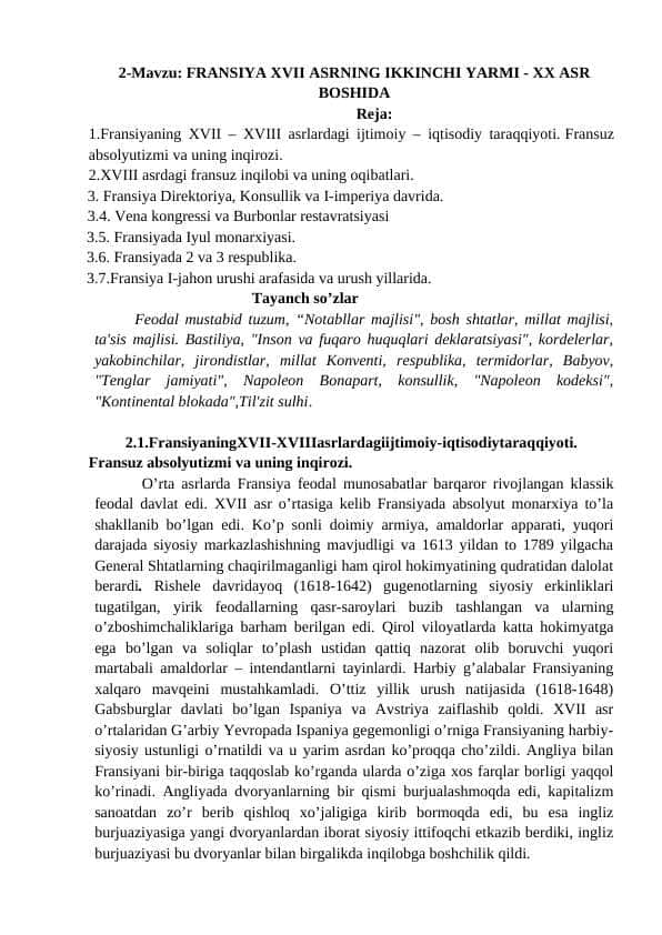 FRANSIYA XVII ASRNING IKKINCHI YARMI - XX ASR BOSHIDA
