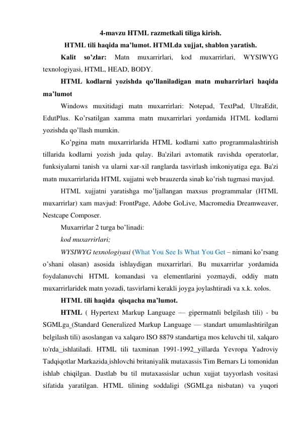 HTML razmetkali tiliga kirish