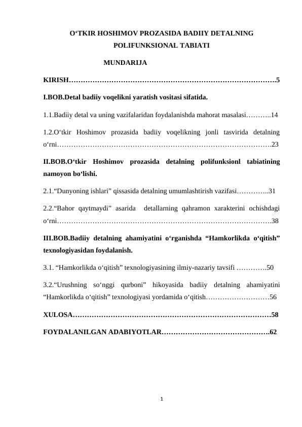 O‘TKIR HOSHIMOV PROZASIDA BADIIY DETALNING POLIFUNKSIONAL TABIATI