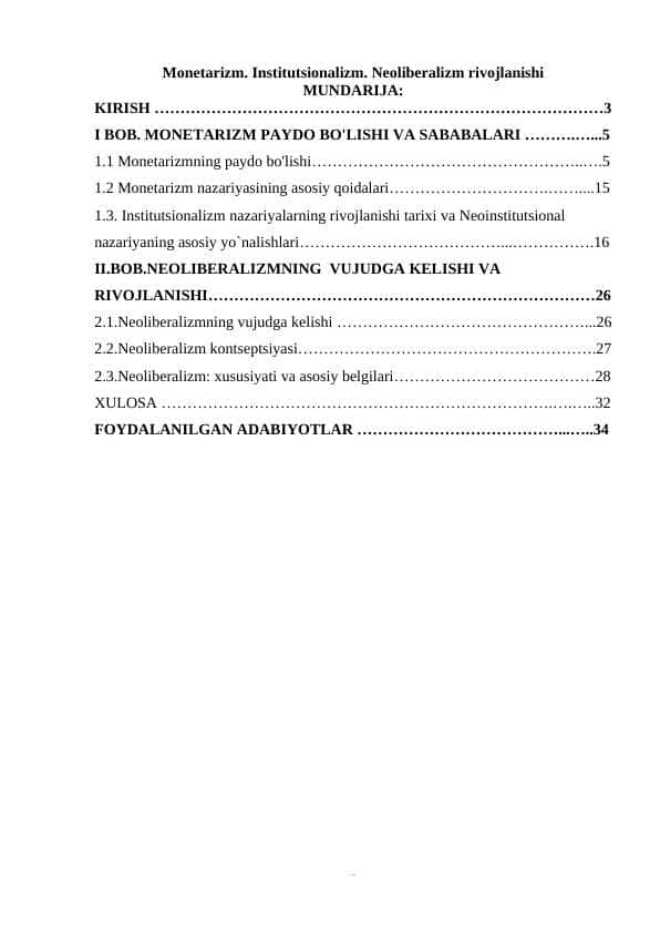 Monetarizm. Institutsionalizm. Neoliberalizm rivojlanishi