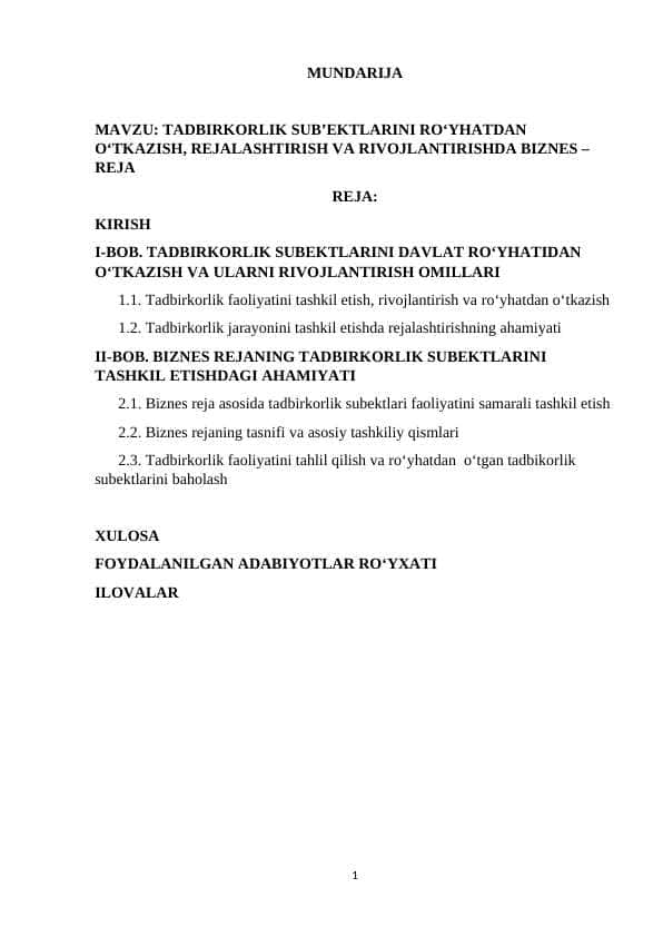 TADBIRKORLIK SUB’EKTLARINI RO‘YHATDAN O‘TKAZISH, REJALASHTIRISH VA RIVOJLANTIRISHDA BIZNES – REJA