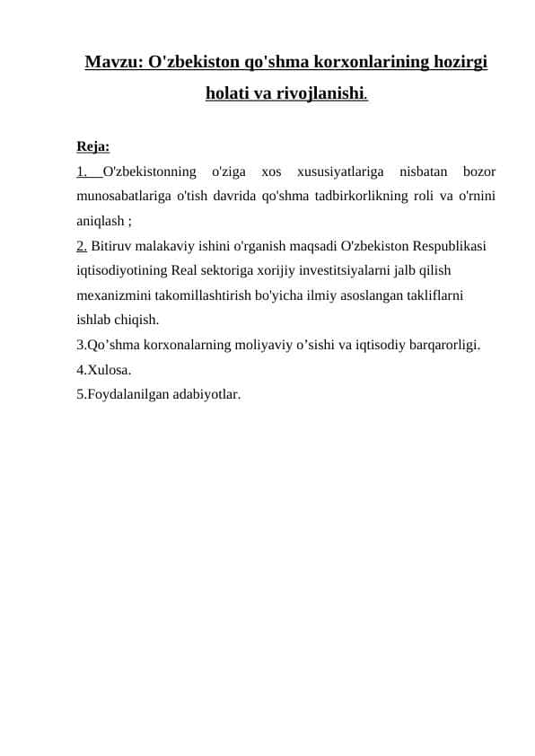 O'zbekiston qo'shma korxonlarining hozirgi holati va rivojlanishi