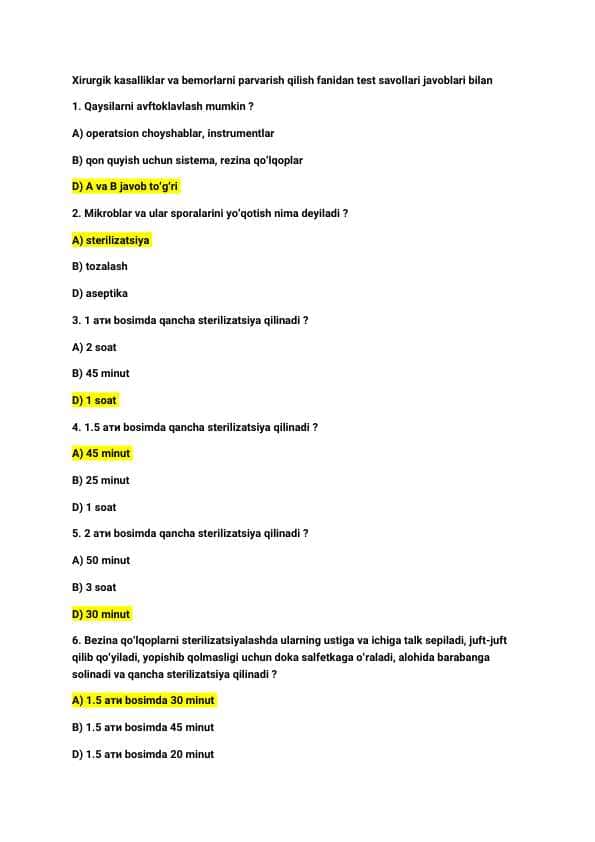 Xirurgik kasalliklar va bemorlarni parvarish qilish / Tibbiyot / 25 ta test / savol-javoblari