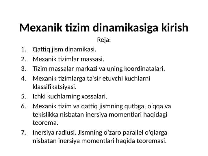 MEXANIK TIZIM DINAMIKASIGA KIRISH