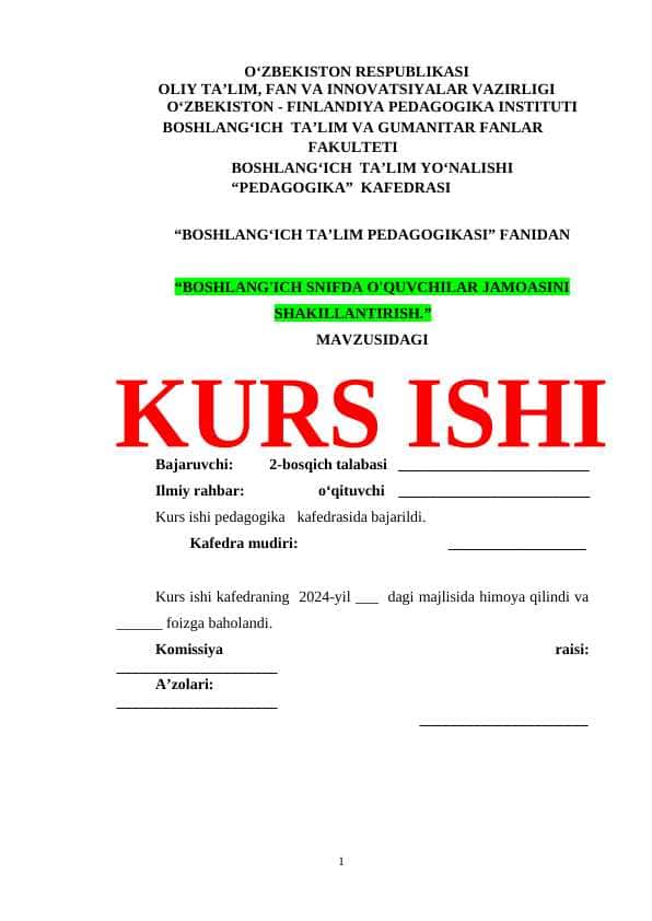 BOSHLANG'ICH SNIFDA O'QUVCHILAR JAMOASINI SHAKILLANTIRISH