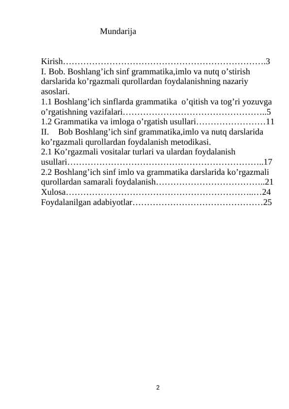 Boshlangʻich sinf grammatika,imlo va nutq oʻstirish darslarida koʻrgazmali qurollardan foydalanish metodikasi