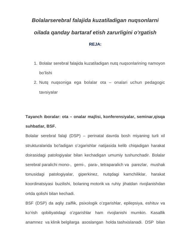 Bolalarserebral falajida kuzatiladigan nuqsonlarni oilada qanday bartaraf etish zarurligini o'rgatish