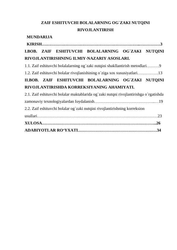 ZAIF ESHITUVCHI BOLALARNING OG`ZAKI NUTQINI RIVOJLANTIRISH