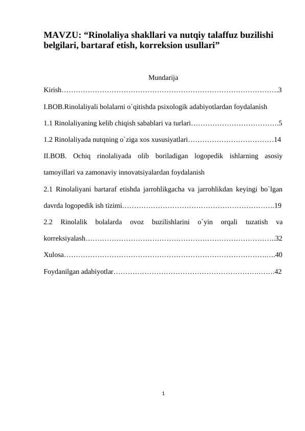 Rinolaliya shakllari va nutqiy talaffuz buzilishi belgilari, bartaraf etish, korreksion usullari