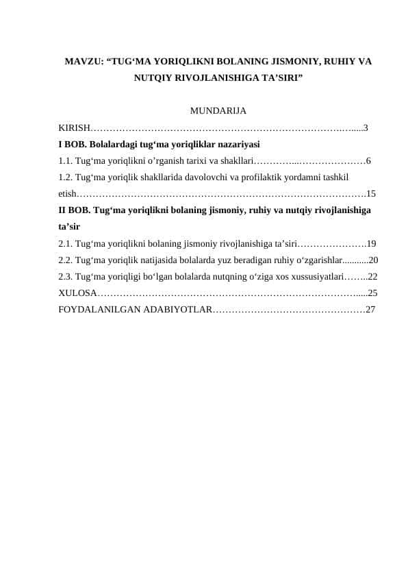 TUG‘MA YORIQLIKNI BOLANING JISMONIY, RUHIY VA NUTQIY RIVOJLANISHIGA TA’SIRI