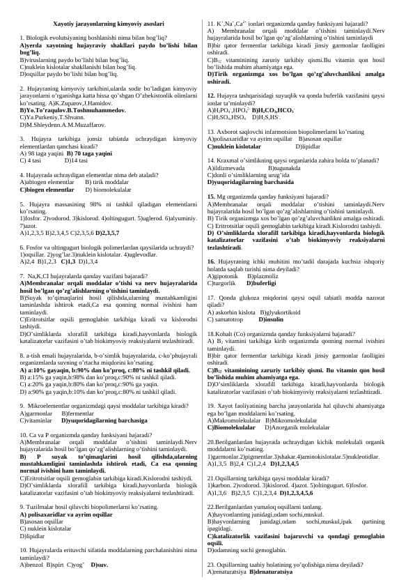 Xayotiy jarayonlarning kimyoviy asoslari