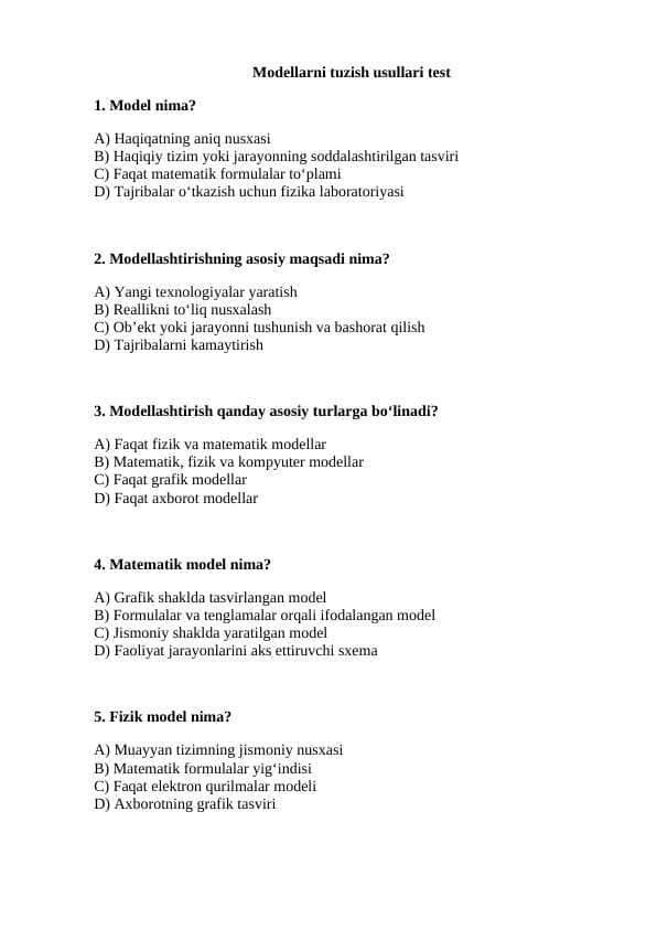 Modellarni tuzish usullari test