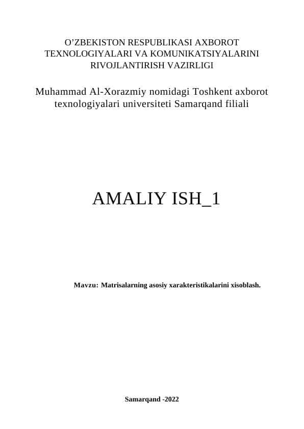 Matrisalarning asosiy xarakteristikalarini xisoblash