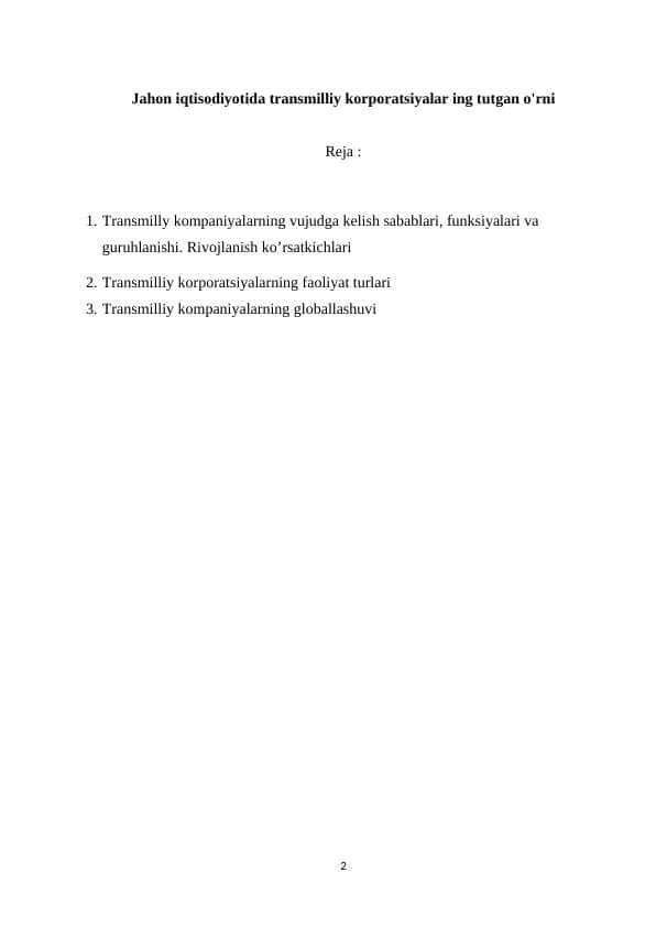 Jahon iqtisodiyotida transmilliy korporatsiyalar ing tutgan o'rni