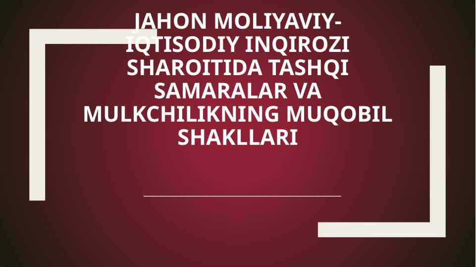 Jahon moliyaviy-iqtisodiy inqirozi sharoitida tashqi samaralar va mulkchilikning muqobil shakllari