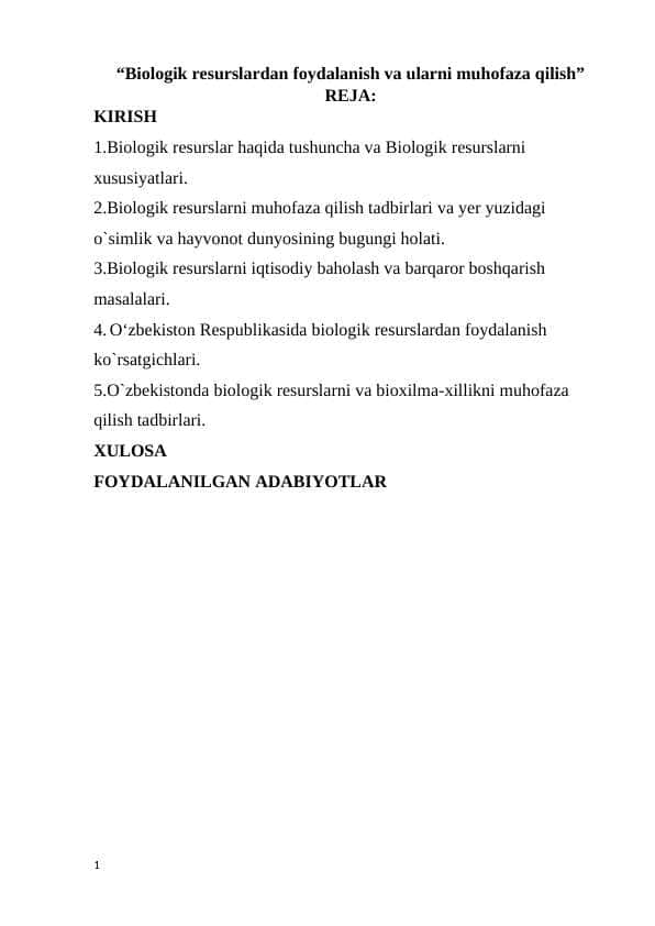 “Biologik resurslardan foydalanish va ularni muhofaza qilish”