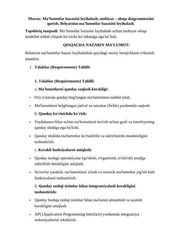 Ma’lumotlar bazasini loyihalash, mohiyat – aloqa diagrammasini qurish. Relyatsion ma’lumotlar bazasini loyihalash.