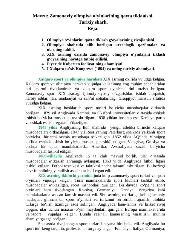 Zamonaviy olimpiya o‘yinlarining qayta tiklanishi. Tarixiy sharh.