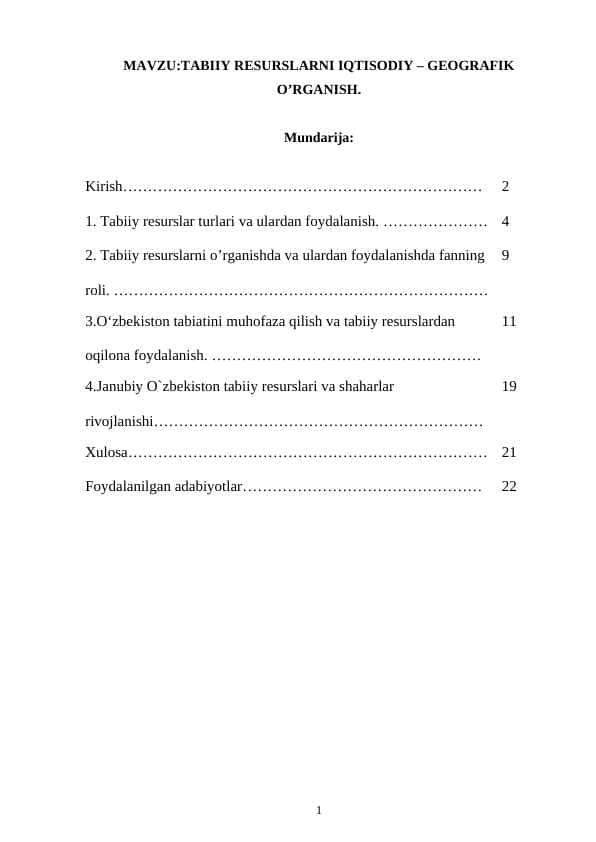 TABIIY RESURSLARNI IQTISODIY – GEOGRAFIK O’RGANISH