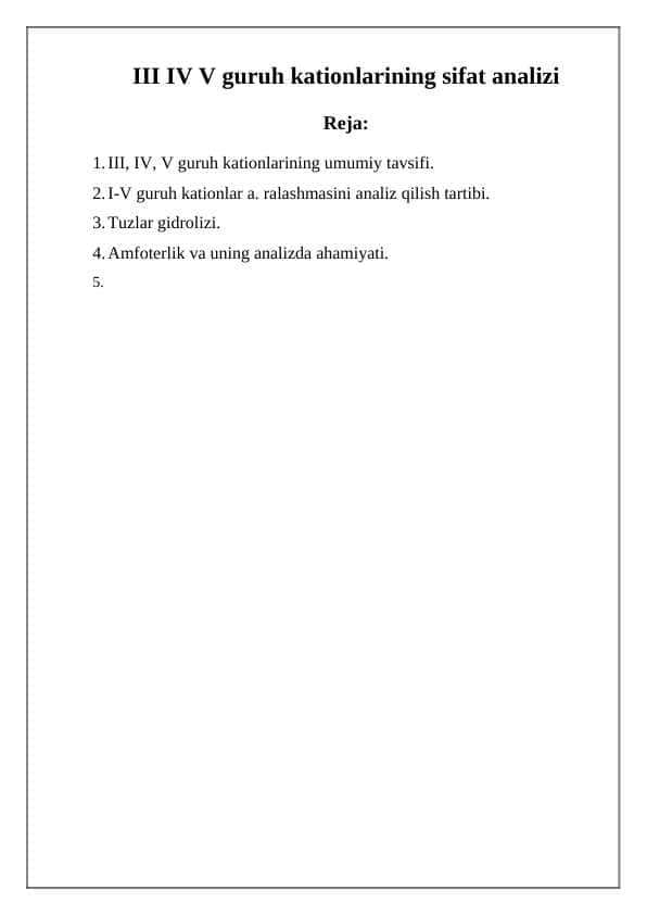 III IV V guruh kationlarining sifat analizi