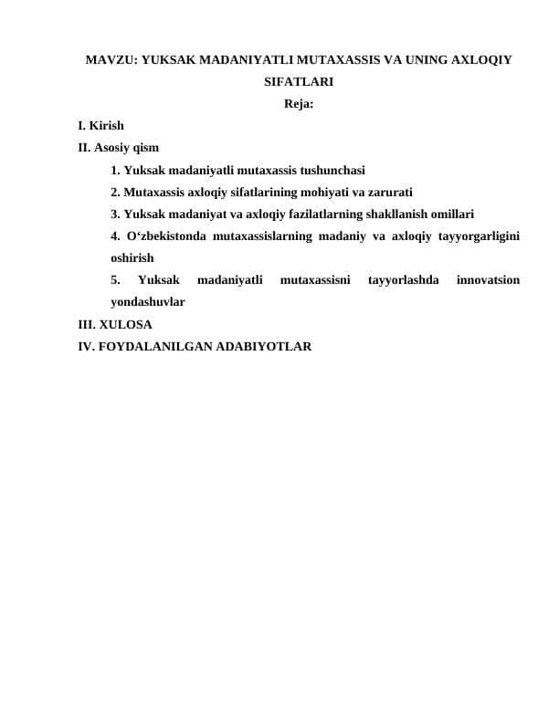 YUKSAK MADANIYATLI MUTAXASSIS VA UNING AXLOQIY SIFATLARI