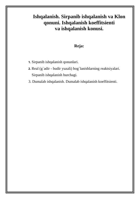 Ishqalanish. Sirpanib ishqalanish va Klon qonuni. Ishqalanish koeffitsienti