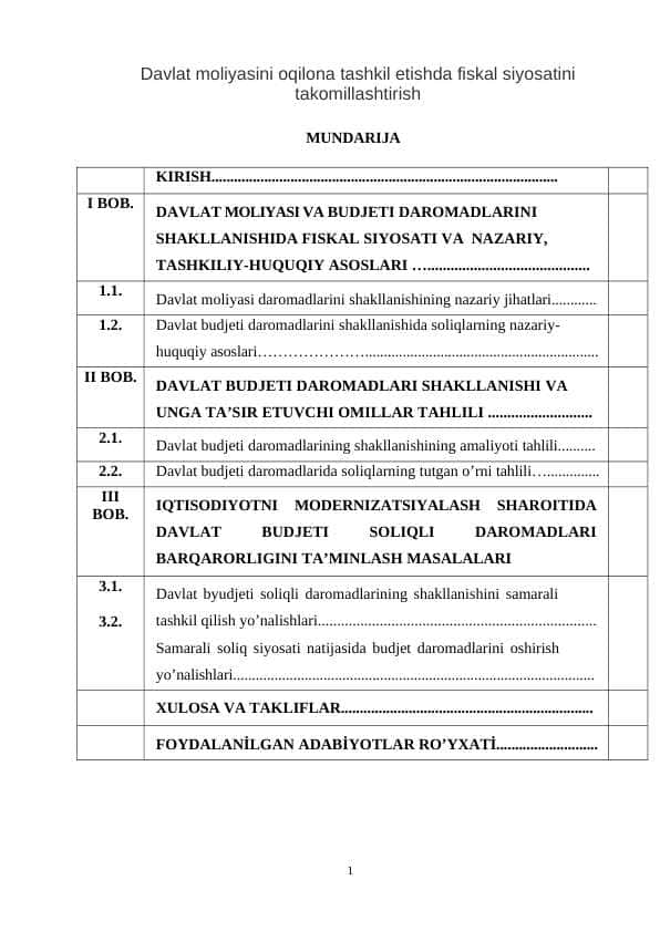 Davlat moliyasini oqilona tashkil etishda fiskal siyosatini takomillashtirish