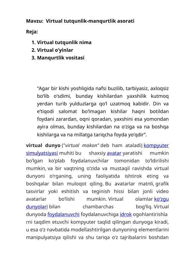 Virtual tutqunlik-manqurtlik asorati
