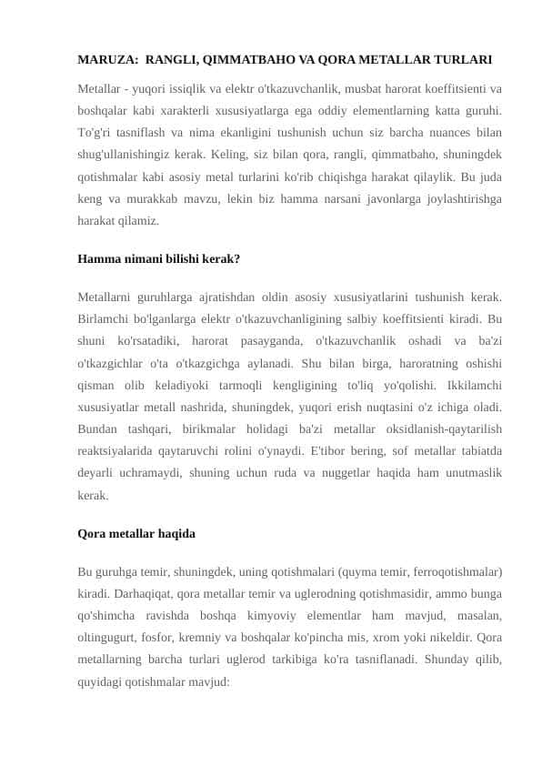 RANGLI, QIMMATBAHO VA QORA METALLAR TURLARI