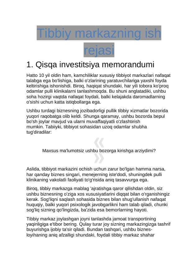Tibbiy markaz biznes rejasi