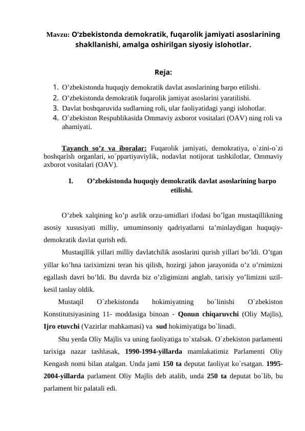 O‘zbekistonda demokratik, fuqarolik jamiyati asoslarining shakllanishi, amalga oshirilgan siyosiy islohotlar