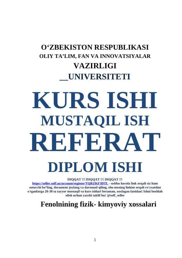 Fenolnining fizik- kimyoviy xossalari