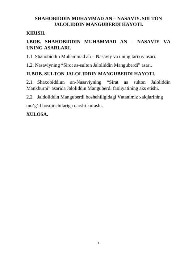 Shahobiddin Muhammad An – Nasaviy. Sulton Jaloliddin Manguberdi hayoti