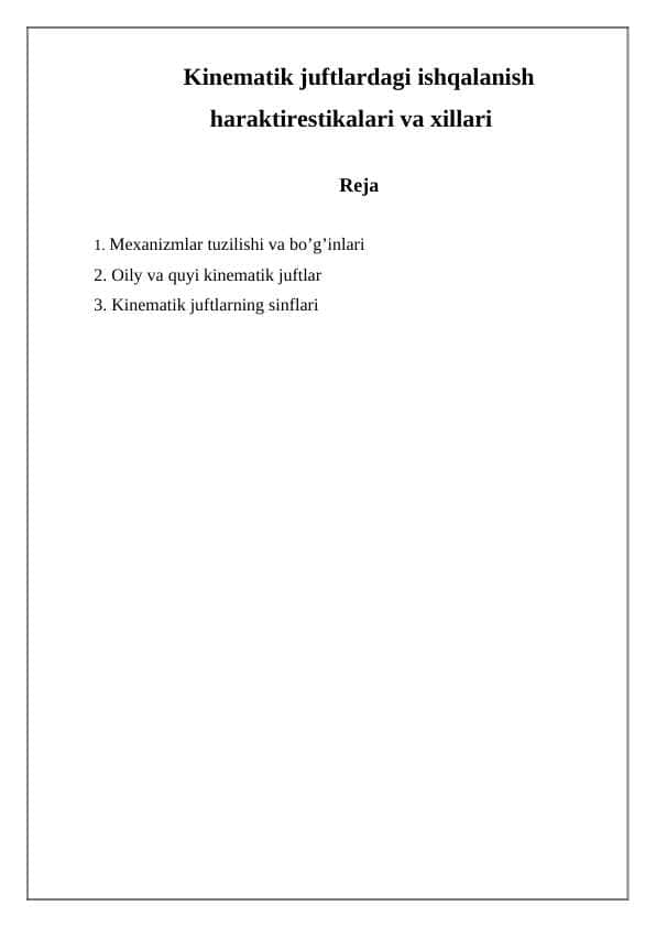 Kinematik juftlardagi ishqalanish haraktirestikalari va xillari