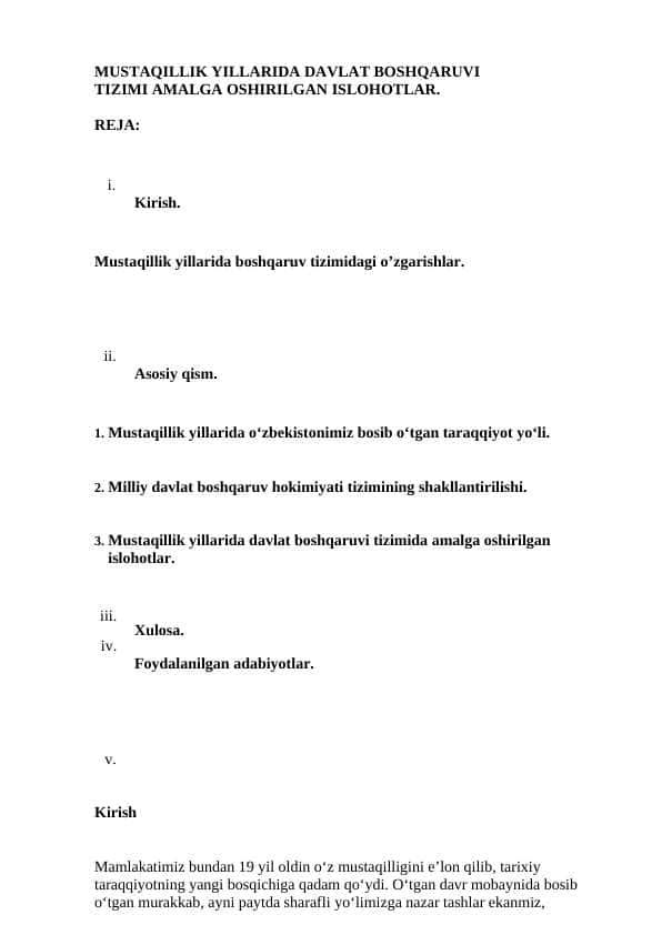 MUSTAQILLIK YILLARIDA DAVLAT BOSHQARUVI TIZIMI AMALGA OSHIRILGAN ISLOHOTLAR.