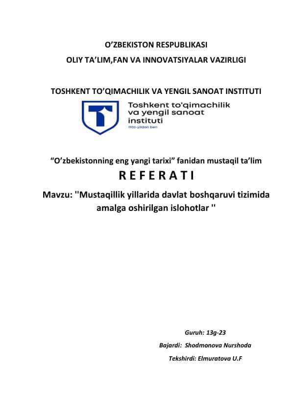 Mustaqillik yillarida davlat boshqaruvi tizimida amalga oshirilgan islohotlar