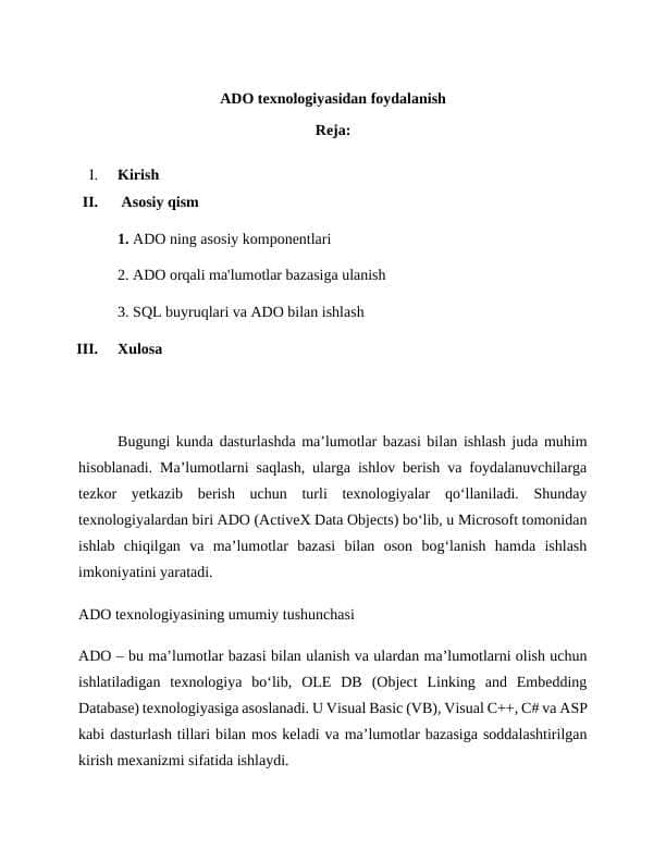 ADO texnologiyasidan foydalanish