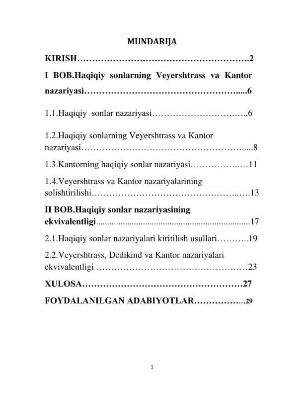 HAQIQIY SONLARNING VEYERSHTRASS VA KANTOR NAZARIYASI. HAQIQIY SONLAR NAZARIYALARINING EKVIVALENTLIGI
