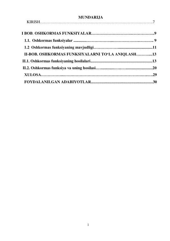 OSHKORMAS FUNKSIYA VA UNI HOSILA YORDAMIDA TO‘LA TEKSHIRISH