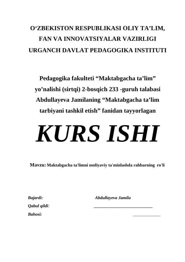 Maktabgacha ta'limni moliyavuy ta'minlashda rahbarning ro'li