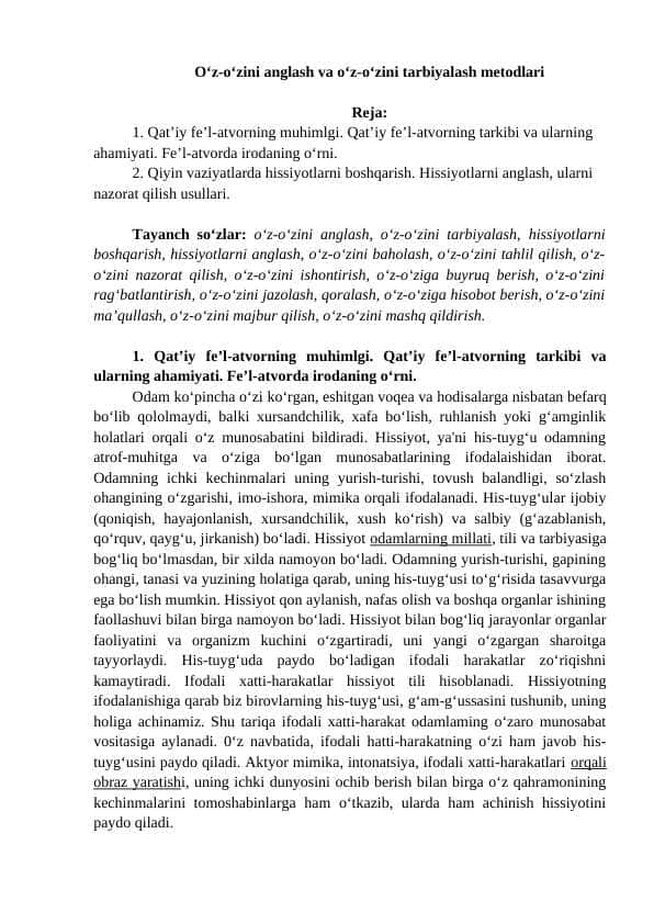 O‘z-o‘zini anglash va o‘z-o‘zini tarbiyalash metodlari