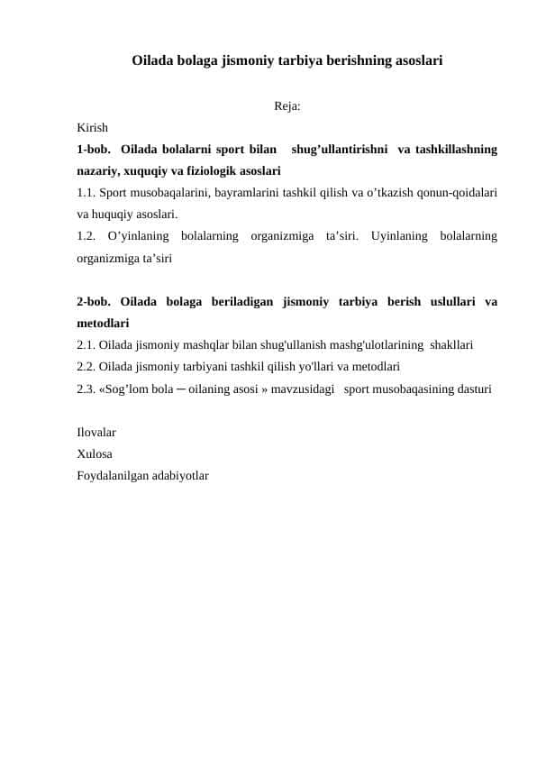Oilada bolaga jismoniy tarbiya berishning asoslari