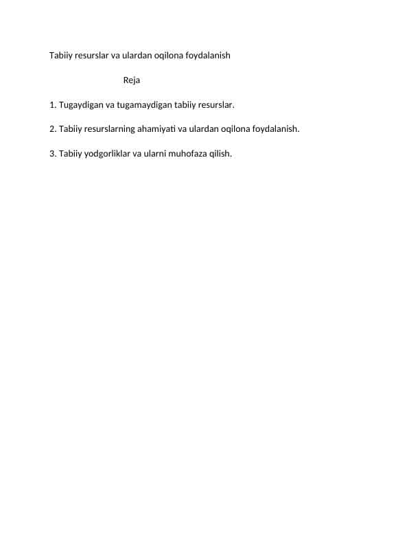 Tabiiy resurslar va ulardan oqilona foydalanish
