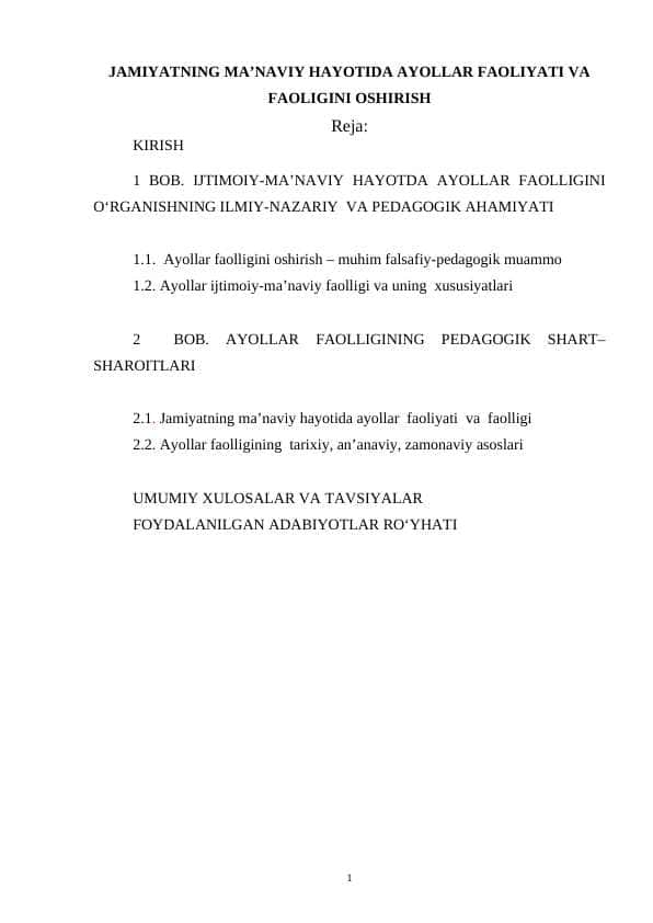 JAMIYATNING MAʼNAVIY HAYOTIDA AYOLLAR FAOLIYATI VA FAOLIGINI OSHIRISH