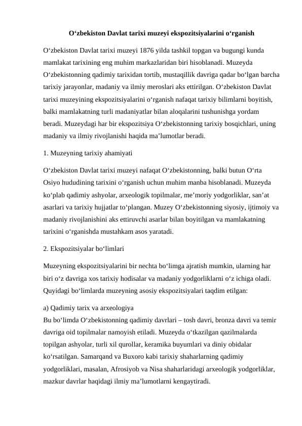 O‘zbekiston Davlat tarixi muzeyi ekspozitsiyalarini o‘rganish.docx