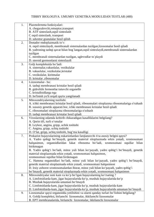 TIBBIY BIOLOGIYA. UMUMIY GENETIKA MODULIDAN TESTLAR (400)