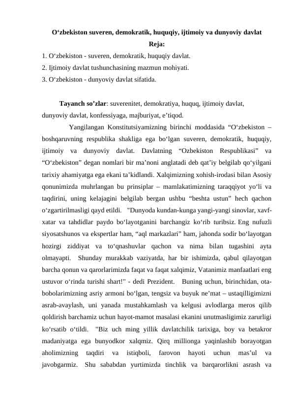 O‘zbekiston suveren, demokratik, huquqiy, ijtimoiy va dunyoviy davlat