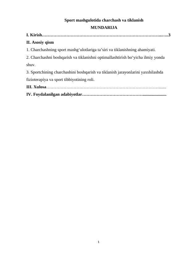 Sport mashgulotida charchash va tiklanish