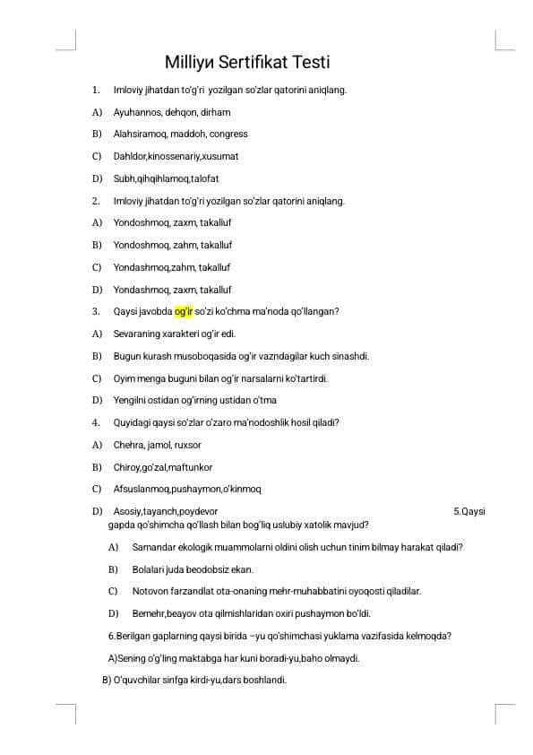 Ona tilidan milliy sertifikat testi