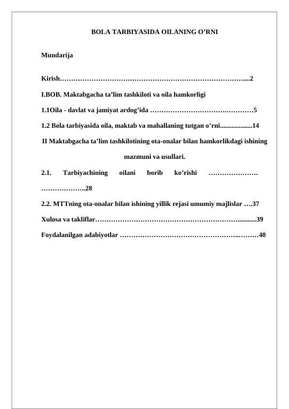 BOLA TARBIYASIDA OILANING O’RNI